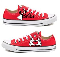 This is a fun pair of new red Converse, hand painted with a Minnie Mouse Bride design on the outer side of the right shoe and heart Mickey hands on the outer side of other shoe. They are available to order in men's and women's sizes. Allow at least 7-10 days to paint and ship. They make a great gift or something special for you! WHEN ORDERING: Please keep in mind that Converse run a little large, so order a half size smaller than you normally wear in other shoes. Once an order is placed, the red Bride Design, Mickey Hands, Converse Run, Red Converse, Green Converse, Black Converse, Rubber Ducky, Fabric Paint, Something Special