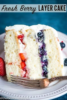 a slice of fresh berry layer cake on a plate with a fork