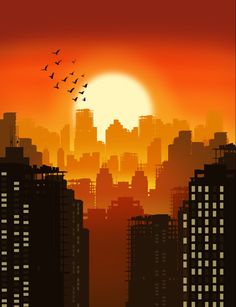 the sun is setting over a city with birds flying in front of buildings and skyscrapers