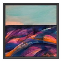 an abstract painting with blue, purple and orange colors on it's surface in a black frame