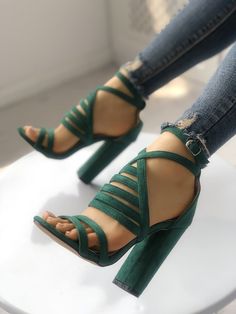 Strappy Open Toe Stiletto Sandals Open Sandals, Office Heels, Green High Heels, Strappy Shoes, Chunky Heels Sandals, Stiletto Sandals, Round Toe Heels, Vegan Shoes