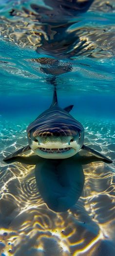 a shark swimming in the ocean with its mouth open and it's head above water