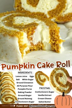 a pumpkin cake roll with white frosting on top