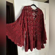 Free People No Tags, Never Worn Beautifully Detailed Crotchet Knit Top New Condition Great Layering Piece Over Free People Or Other Slip Dress Crochet Sweaters, Crochet Fall Sweater, Red Bohemian Crochet Cardigan, Fitted Red Bohemian Crochet Dress, Red Crochet Long Sleeve Cardigan, Casual Red Crochet Cardigan, Red Bohemian Knit Sweater, Open Sweater, Fall Dress Outfit