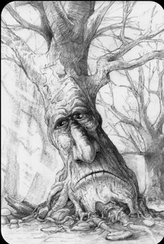 a drawing of an old man's face next to a tree with no leaves