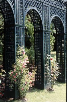 an arch in the middle of a garden filled with flowers