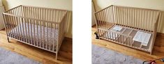 two pictures of a baby crib in the same room