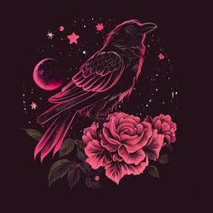 a black bird sitting on top of a pink flower next to a moon and stars