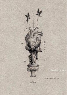 a drawing of a human heart on top of a statue with two birds flying around it