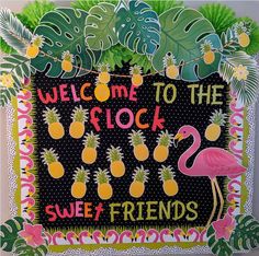 a welcome to the flock card with pink flamingos and pineapples