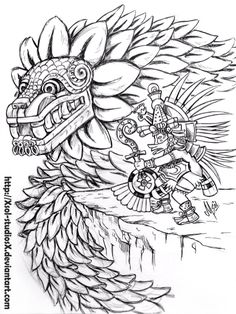 a drawing of a dragon with feathers on it's head and two people in the background