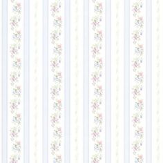 a white and blue striped wallpaper with pink flowers on the bottom half of it