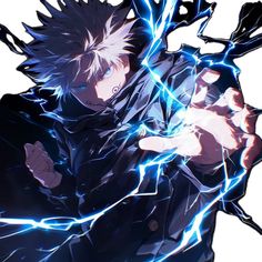 an anime character holding a cell phone in his right hand and lightning coming out of his left arm