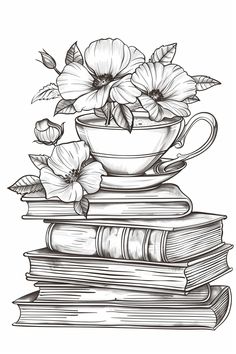 a stack of books with flowers in a cup on top, and two stacks of them