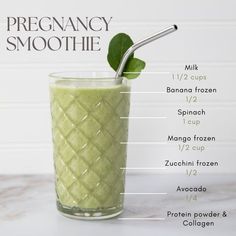 a green smoothie in a tall glass with ingredients labeled on the top and bottom