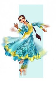 a woman in a blue and yellow dress dancing