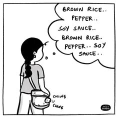 a cartoon drawing of a woman holding a bucket with the words brown rice on it