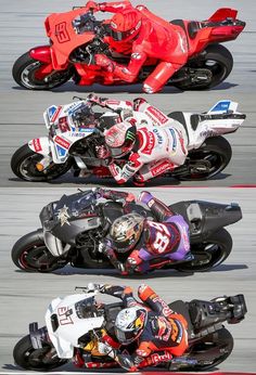 three motorcyclists are racing on the track in different positions, one is leaning forward