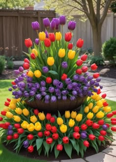 colorful tulips and other flowers are arranged in a flower bed on the lawn