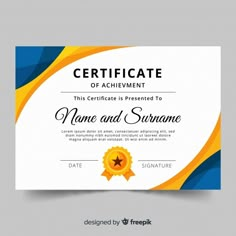 certificate template with blue and yellow wavy waves in the background, it is designed to look like an award