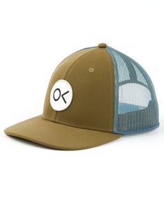 a brown and blue trucker hat with the word o on it's front