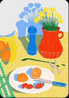 a plate with oranges and strawberries on it next to a vase filled with flowers