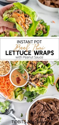 lettuce wraps with peanut sauce and carrots in bowls on a white table