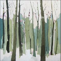 a painting of trees in the snow with white and green paint on it's walls