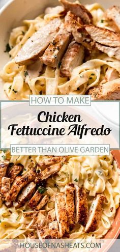 chicken fettuccine alfredo in a bowl with text overlay