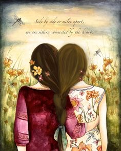 two girls with long hair are facing each other and the words sister is a little bit of childhood that can never be lost