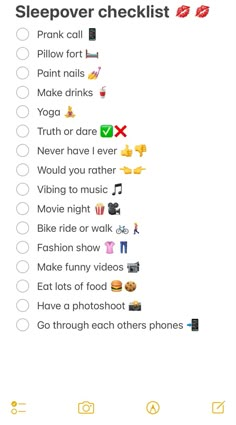 a list with the words sleepover checklist written in different font and numbers on it