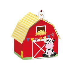 a toy barn with a cow and chicken on top