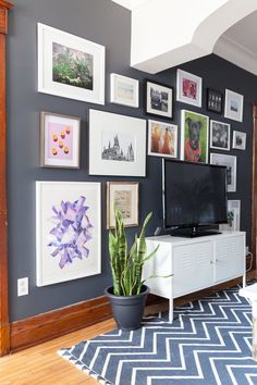 a living room with pictures on the wall and a television in the corner next to a potted plant