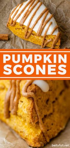 pumpkin scones with white frosting and cinnamon on top