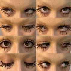 multiple pictures of eyes with long lashes and eyelashes on top of each eye, showing different angles