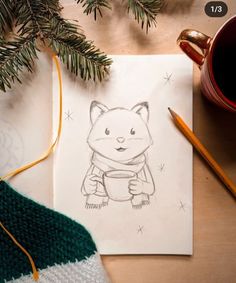 a drawing of a bear holding a cup of coffee on top of a table next to a christmas tree