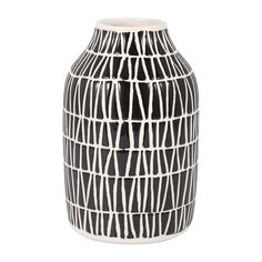 a black and white vase sitting on top of a table