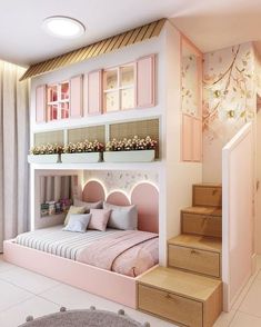 a bedroom with bunk beds, stairs and pink walls in the room is decorated with flowers