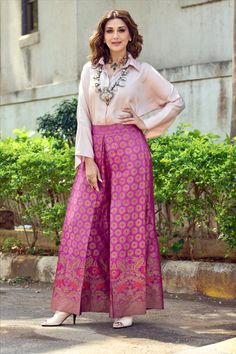 in our handwoven silk brocade pants + silk shirt Suits With Pants Indian, Brocade Pant Suit Women, Brocade Western Outfits, Indowestern Pant Outfits, Modern Diwali Outfits, Trendy Indian Suits, Brocade Designer Suits, Brocade Pants Outfit Indian, Banarsi Cord Set Design