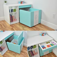 the children's desk and bookshelf are all in different colors