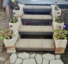 the steps are made out of cement and have plants growing on each step, along with other planters