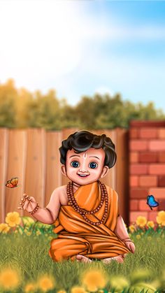 a little boy sitting in the grass with a butterfly on his hand and wearing an orange outfit