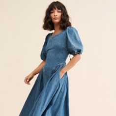 Puff-Sleeve Seamed Denim Dress Spring Denim Midi Dress In Relaxed Fit, Denim Dress Long Sleeve, Soft Denim Dress, Denim Midi Dress With Relaxed Fit, Relaxed Fit Denim Midi Dress, Linen A Line Dress, Relaxed Fit Midi Denim Dress For Fall, Denim Blue Relaxed Fit Dress For Fall, Relaxed Fit Denim Blue Dress For Fall