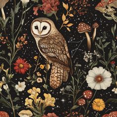 an owl sitting on top of a tree surrounded by flowers and mushrooms in the night sky