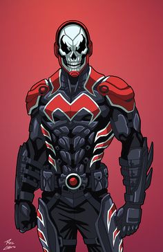 an image of a man with a skull on his face and arms, standing in front of a red background