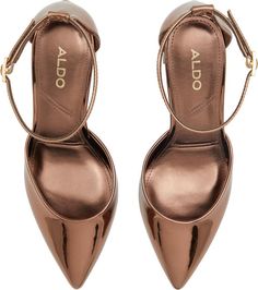 ALDO Jan Ankle Strap Pointed Toe Pump (Women) | Nordstrom Metallic Shoes Outfit, Bronze Shoes, Pumps Outfit, Bronze Heels, Aldo Heels, Metallic Pumps, Silver Pumps, Gold Pumps, Metallic Shoes