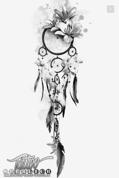 a black and white drawing of a dream catcher with flowers on it's head