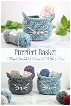 three crocheted baskets with yarn in them and the words purrfect basket