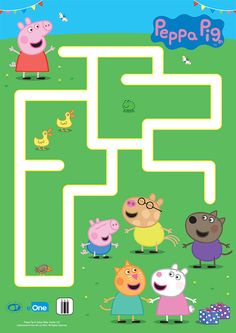 peppa pig maze game for kids with cartoon characters on the green field and blue sky background