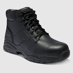 Stay protected in comfort and safety you can depend on with the classic S Sport by Skechers Men’s Elton Steel Toe Boot. This lace-up work mid boot design features a leather and synthetic upper with a steel safety toe front, Skechers Memory Foam cushioned comfort insole, shock-absorbing midsole and traction outsole. Black Work Boots, Pull On Work Boots, Red Leather Boots, Danner Boots, Harley Davidson Boots, Boot Design, Leather Work Boots, Skechers Memory Foam, Sport Logo